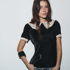 NEW Zara Velvet Crochet Peter Pan Bow Top In Black/Cream - S